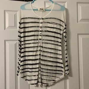 grey and white striped henley long sleeve tee